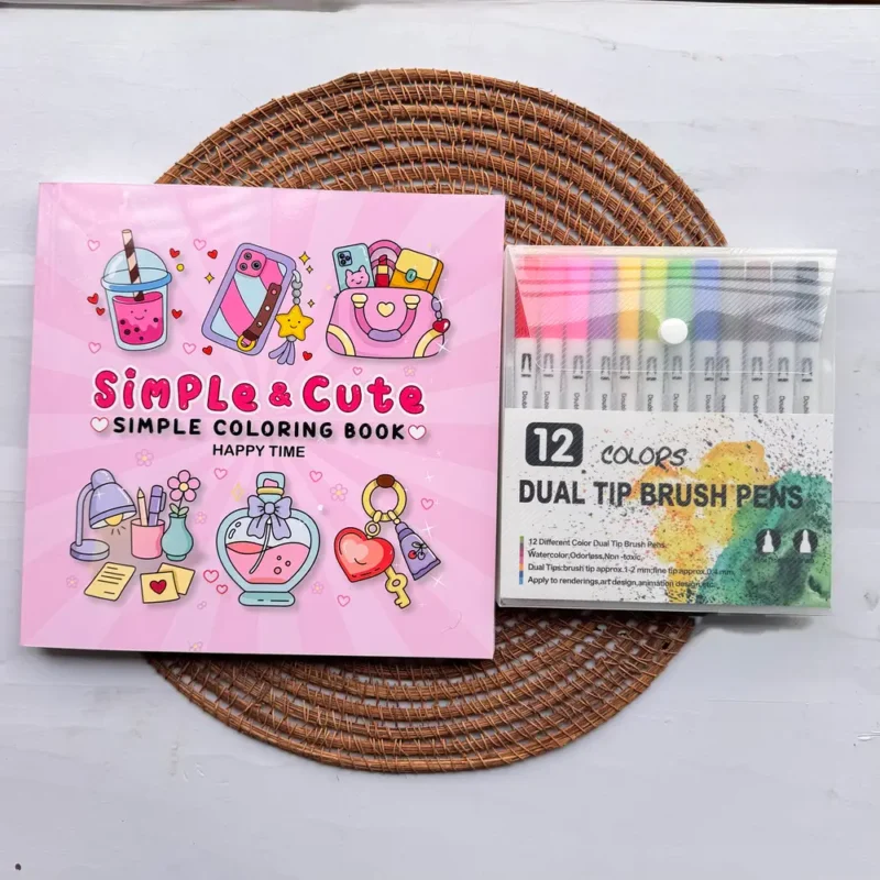 Simple Coloring Book + Dual Tip 12 Shades Marker